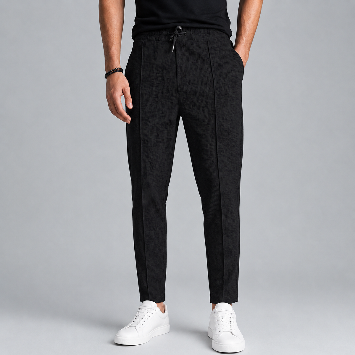 Men's Jute Knit Slim Fit Drawstring Trousers Black Canvas