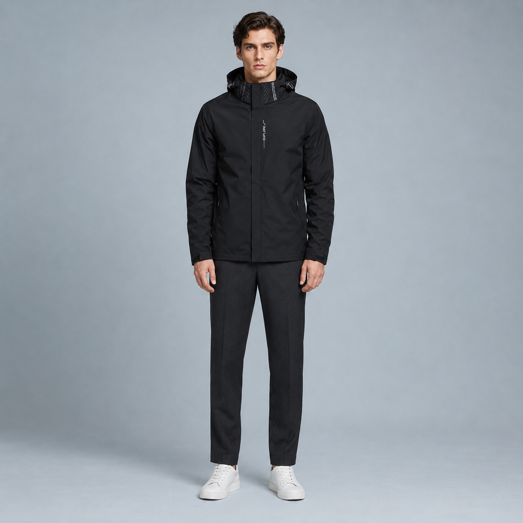 Men's Lightweight Waterproof Hooded Jacket Black Canvas