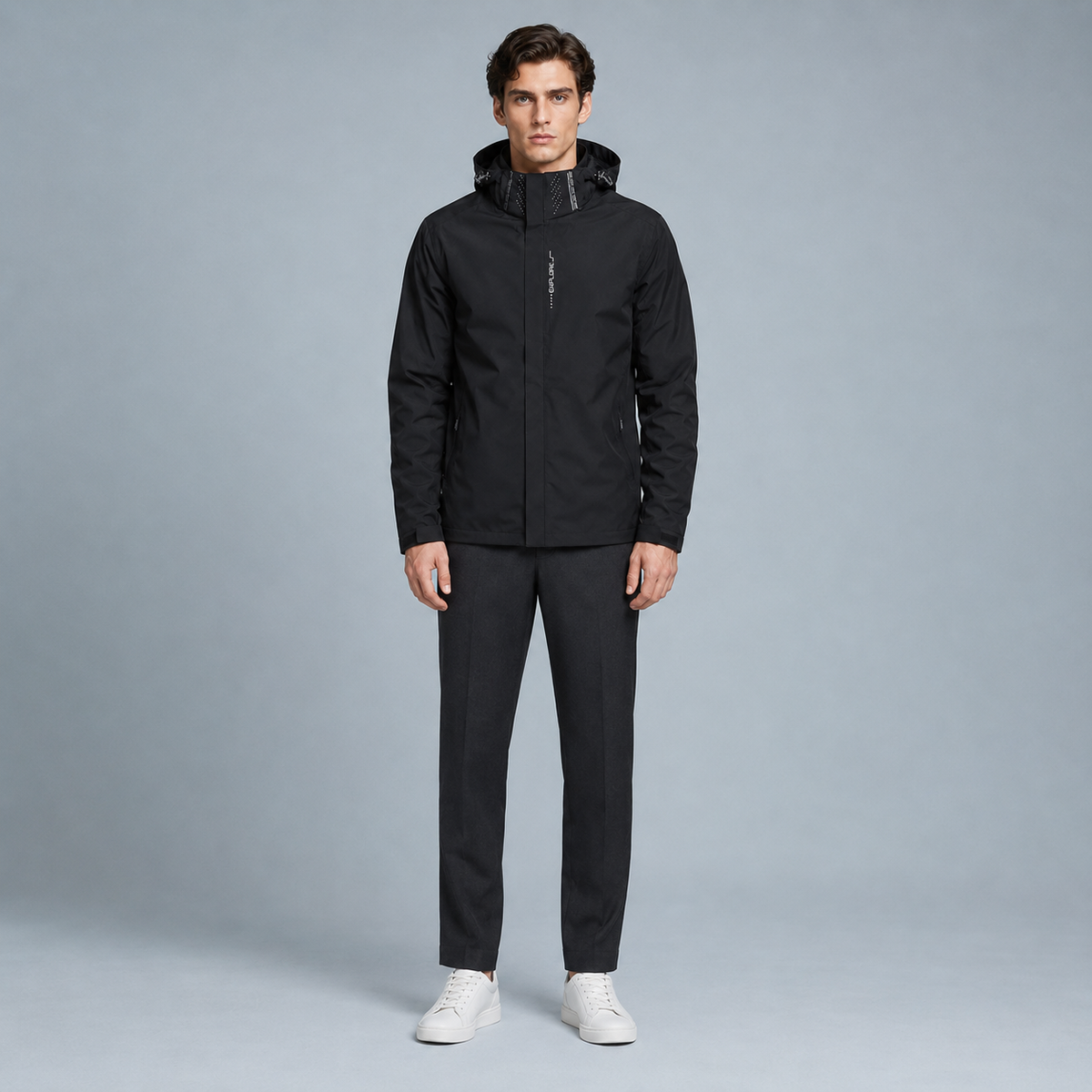 Men's Lightweight Waterproof Hooded Jacket Black Canvas