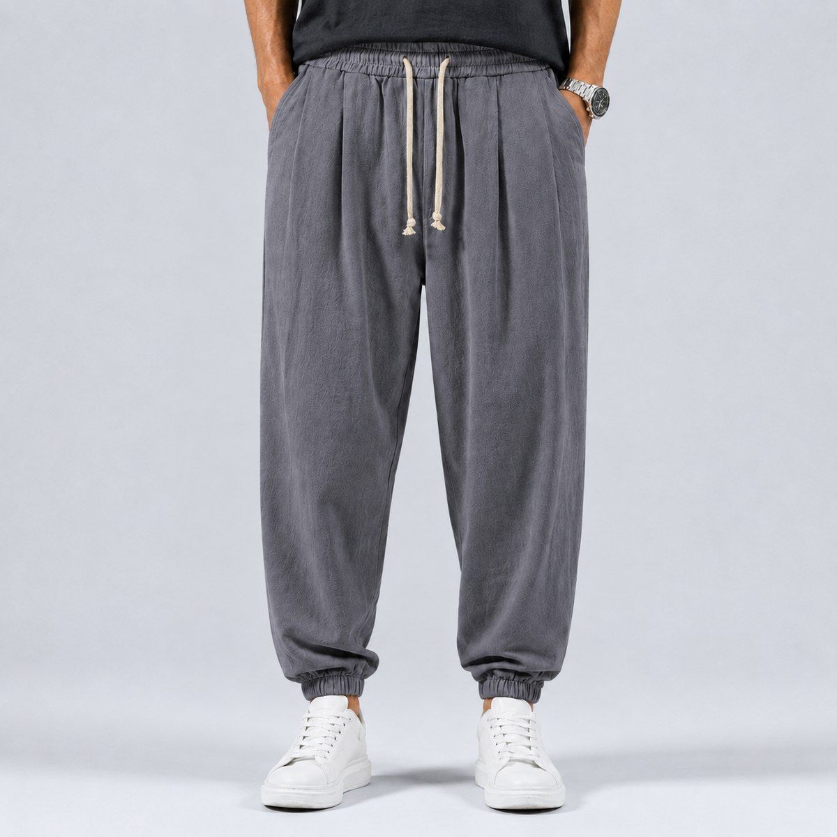 Men's Linen Cotton Drawstring Harem Trousers Black Canvas