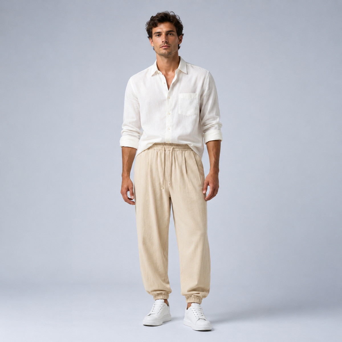 Men's Linen Cotton Drawstring Harem Trousers Black Canvas