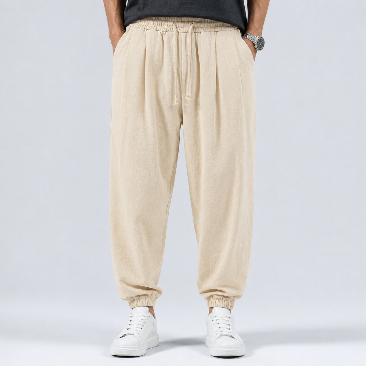 Men's Linen Cotton Drawstring Harem Trousers Black Canvas