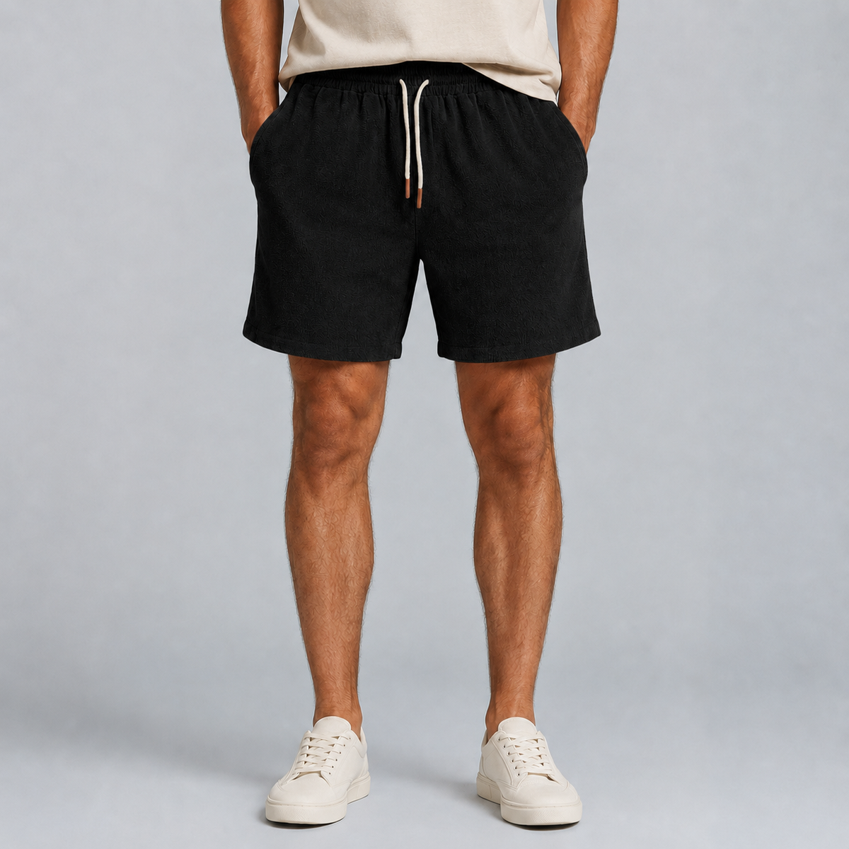 Men's Linen Cotton Loose Fit Shorts Black Canvas