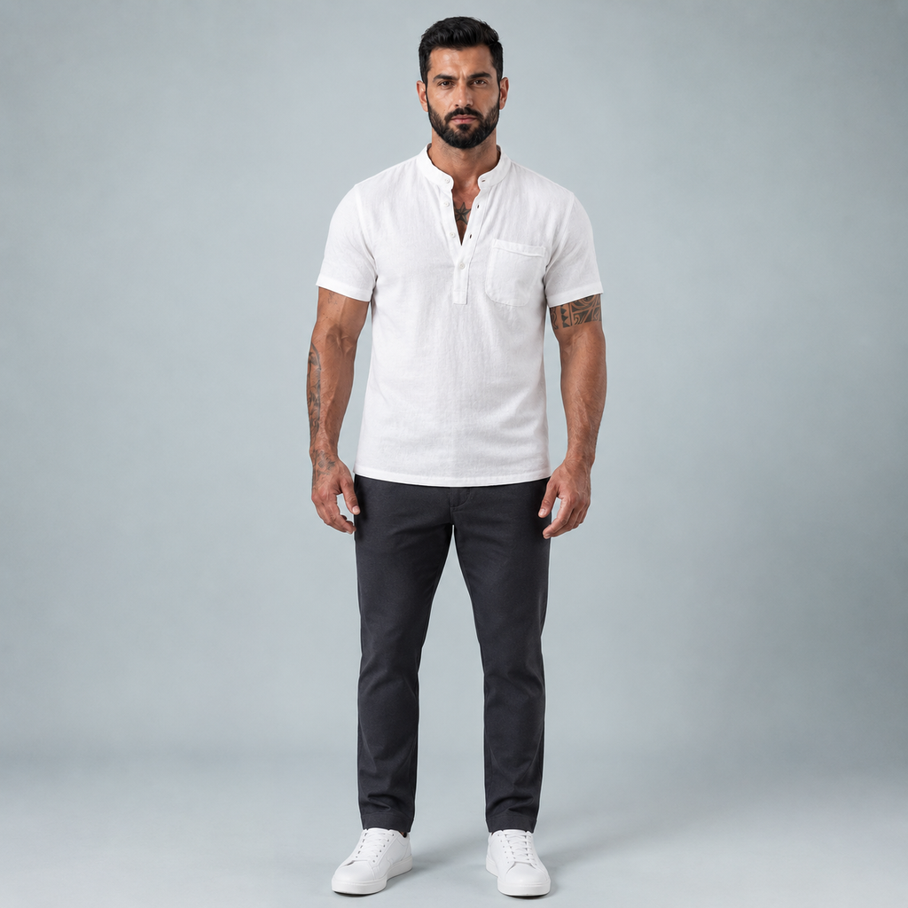 Men's Linen Short Sleeve Shirt Relaxed Fit Black Canvas