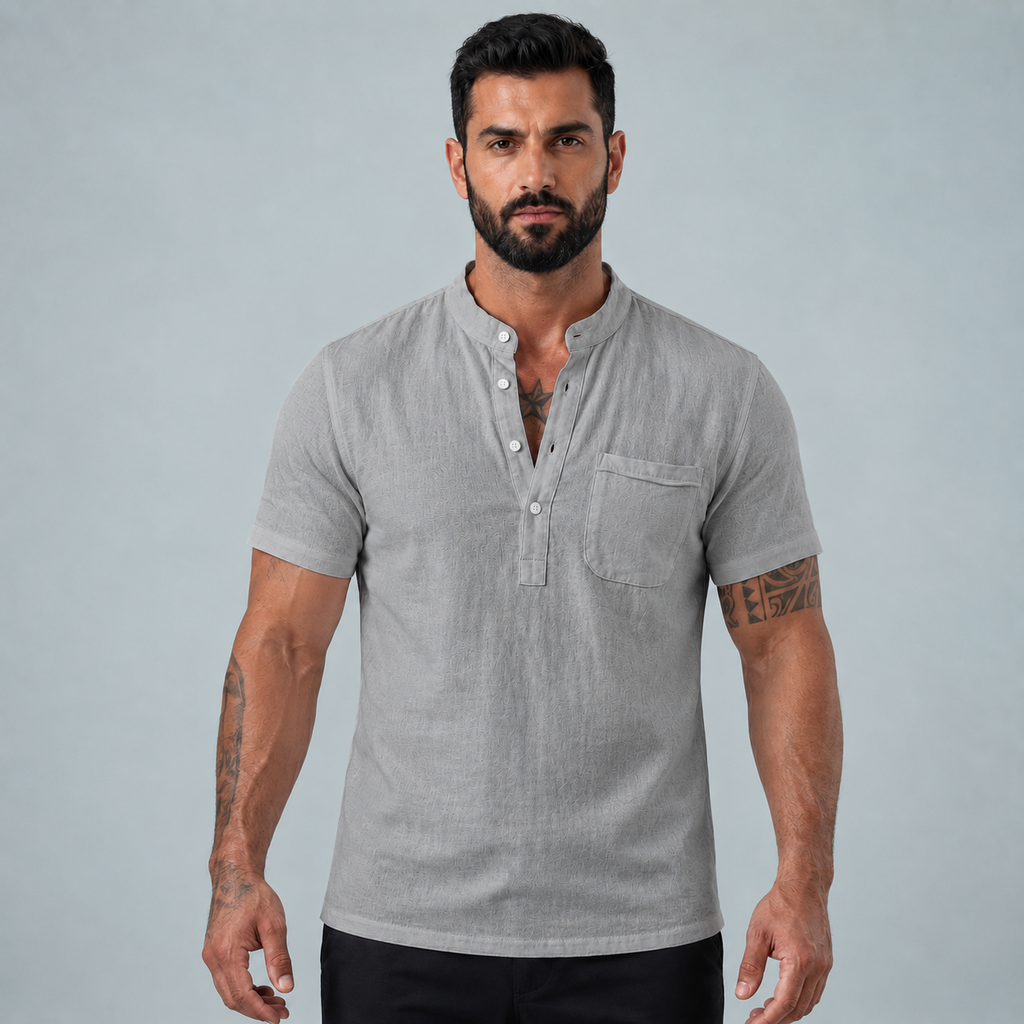 Men's Linen Short Sleeve Shirt Relaxed Fit Black Canvas