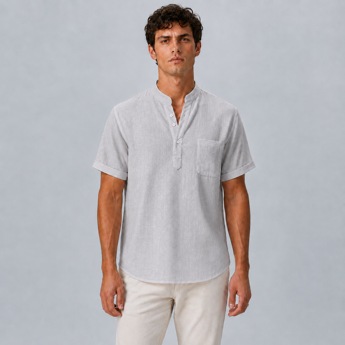Men's Linen Stand Collar Shirt Black Canvas