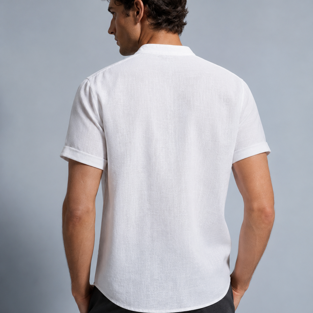 Men's Linen Stand Collar Shirt Black Canvas