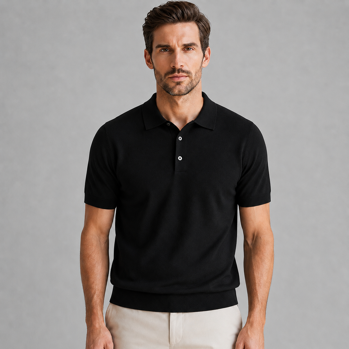 Men's Merino Knit Polo Shirt Relaxed Fit Black Canvas