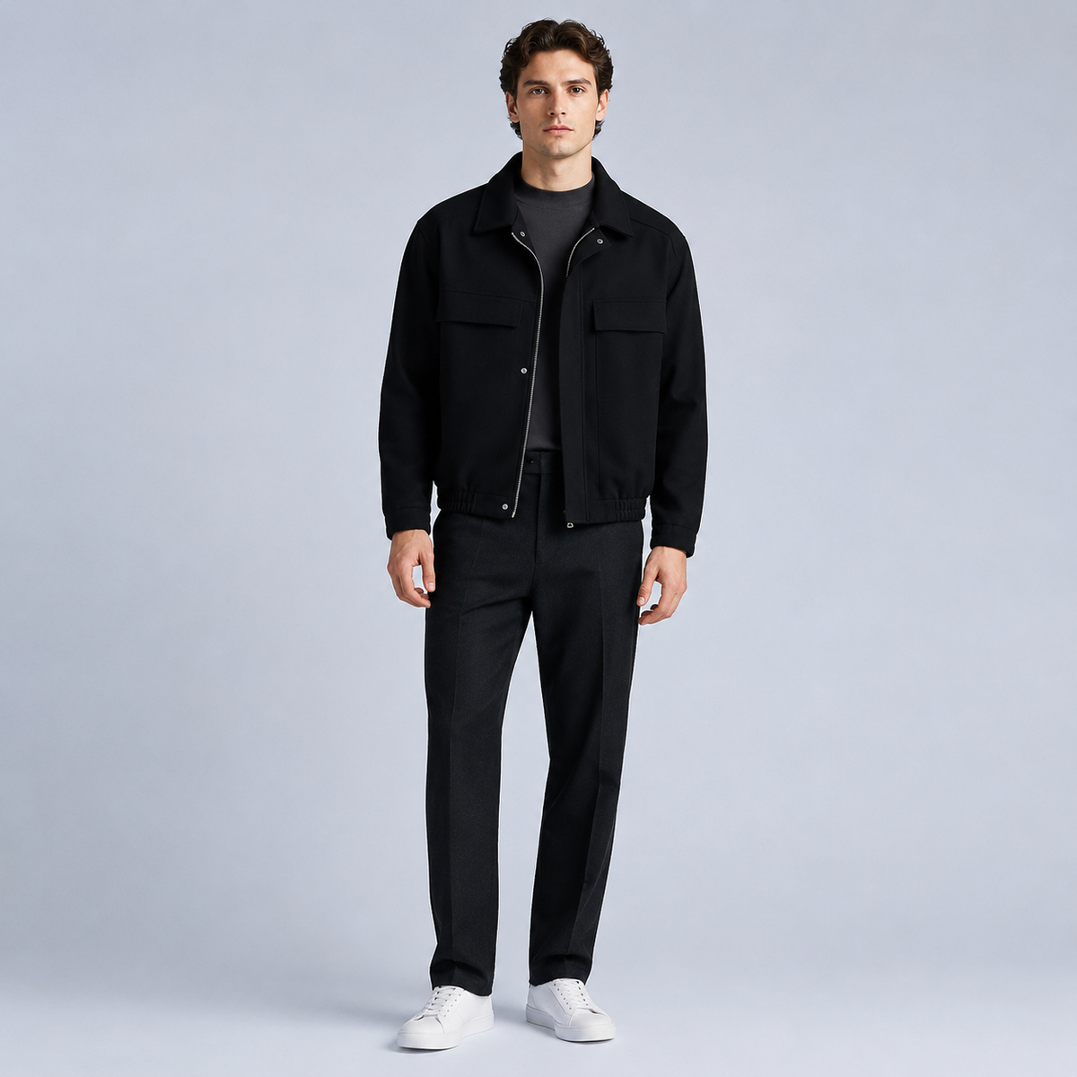 Men's Multi-Pocket Windbreaker Jacket Black Canvas