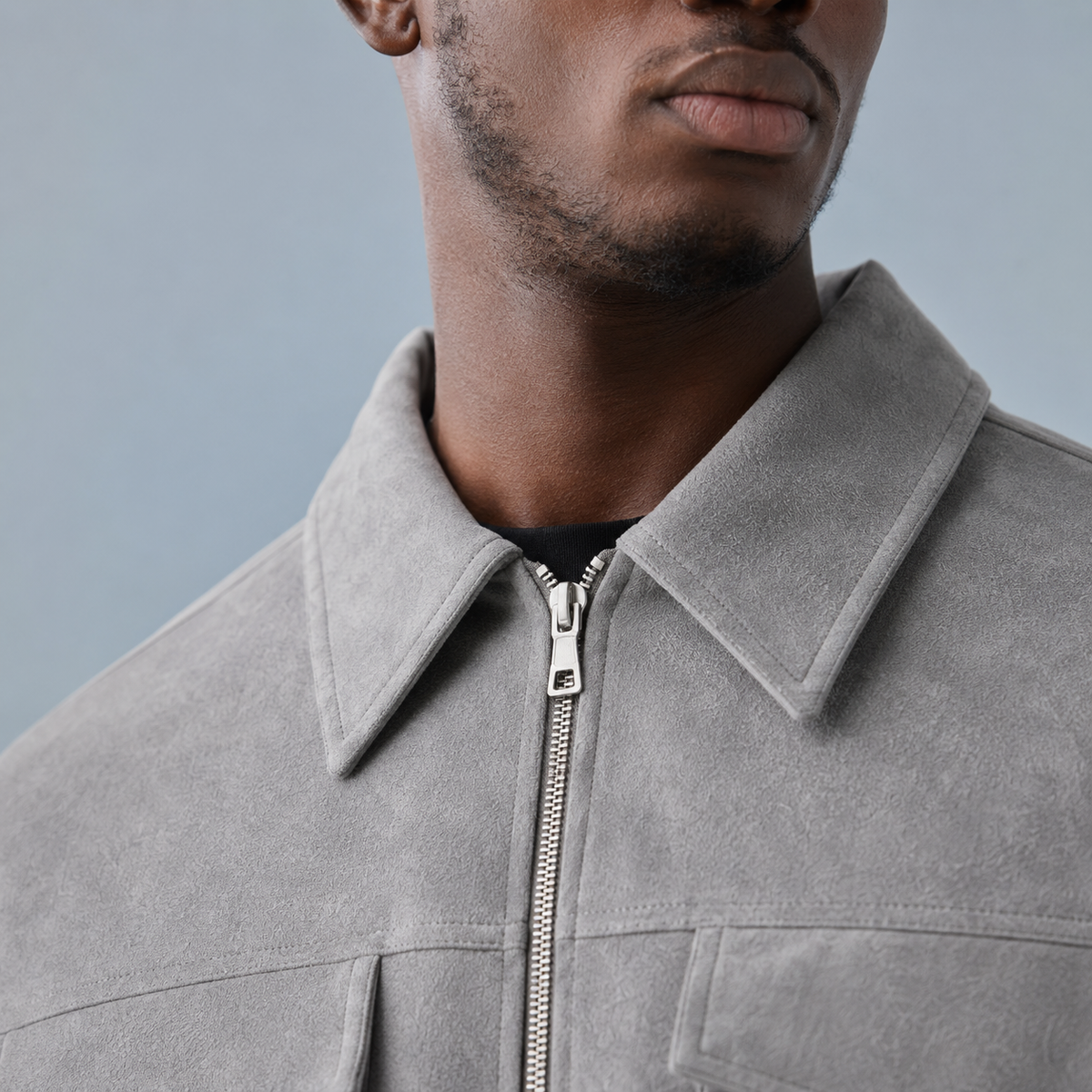 Men's Oversized Suede Zip Jacket Black Canvas