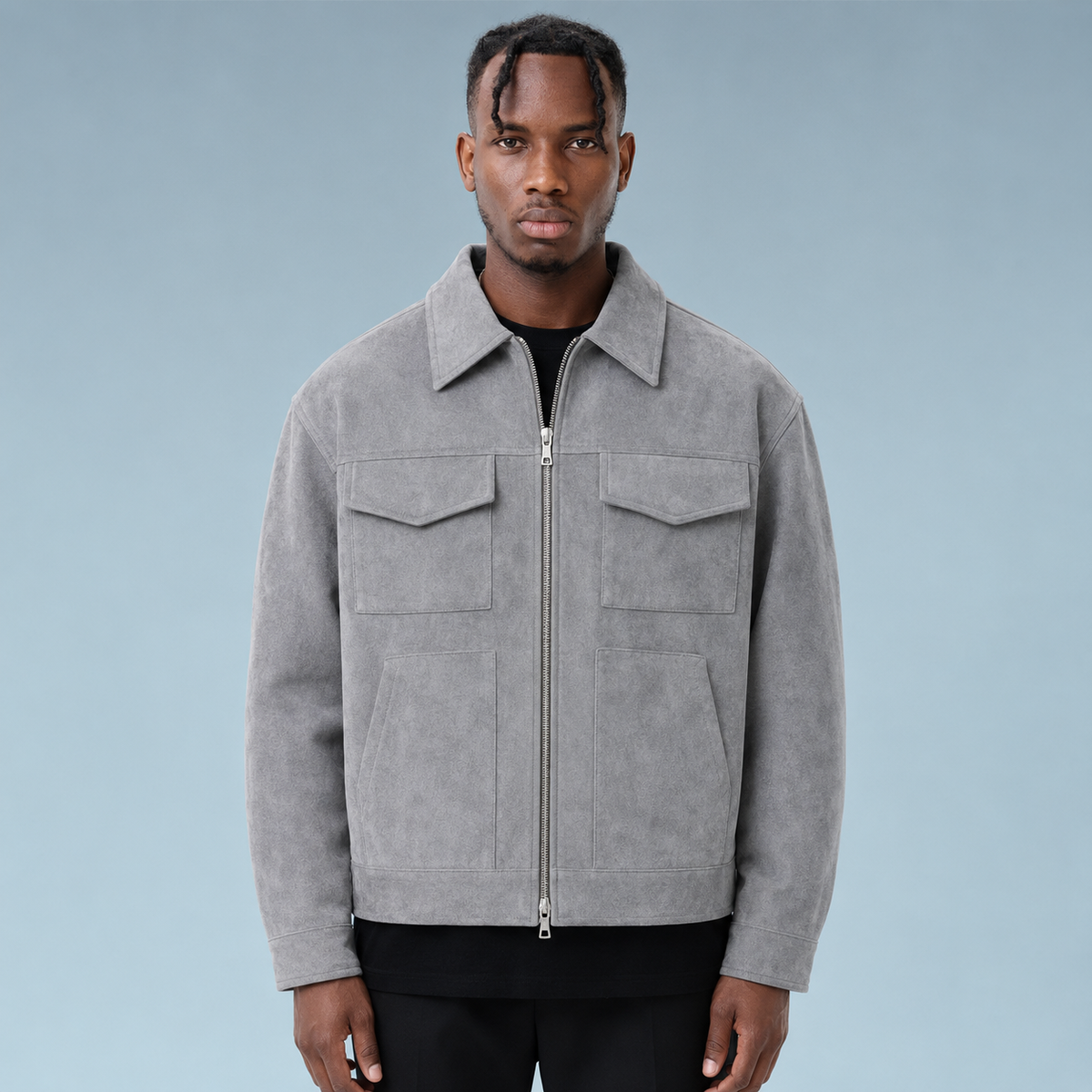 Men's Oversized Suede Zip Jacket Black Canvas