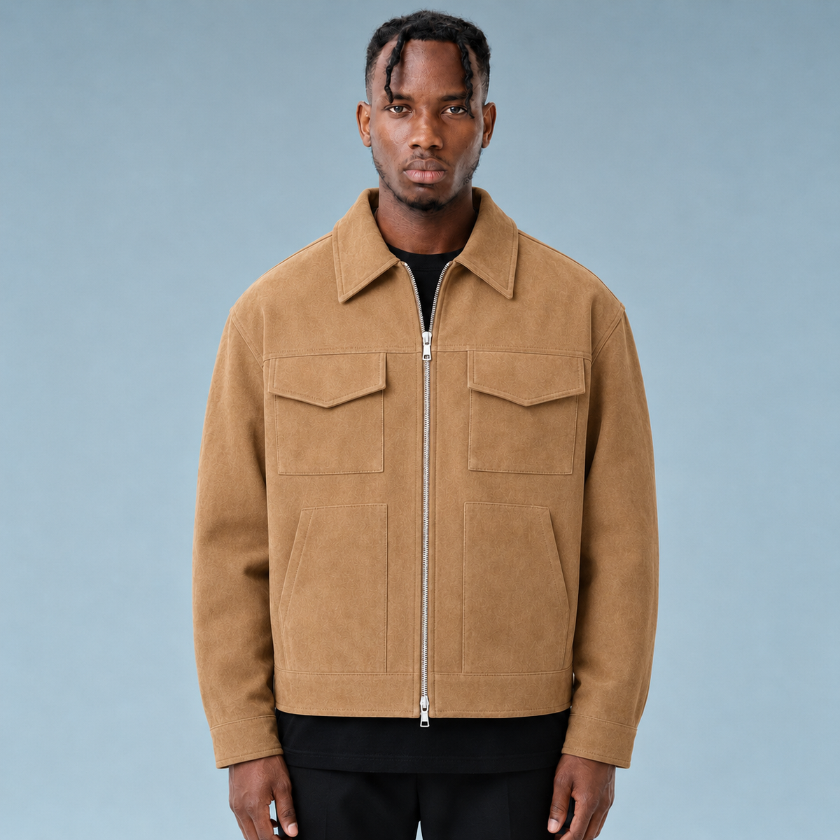Men's Oversized Suede Zip Jacket Black Canvas