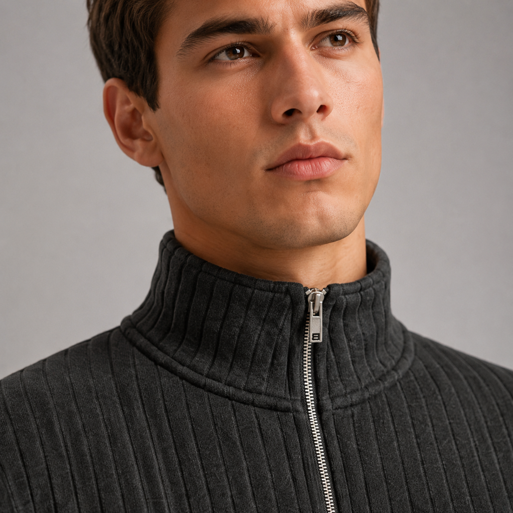 Men's Quarter-Zip Striped Long Sleeve Sweatshirt Black Canvas
