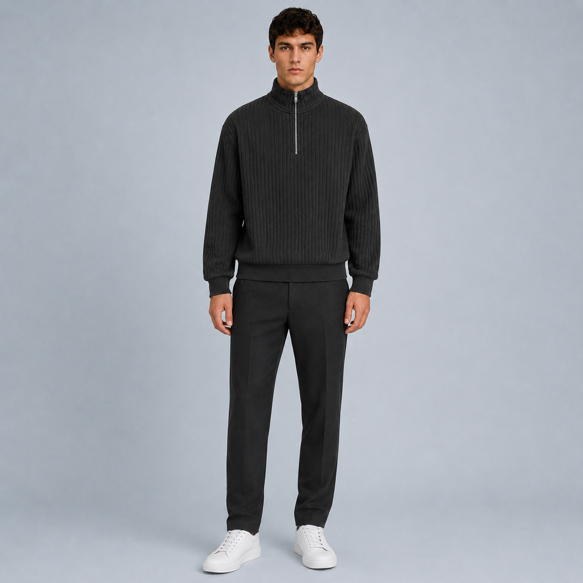 Men's Quarter-Zip Striped Long Sleeve Sweatshirt Black Canvas