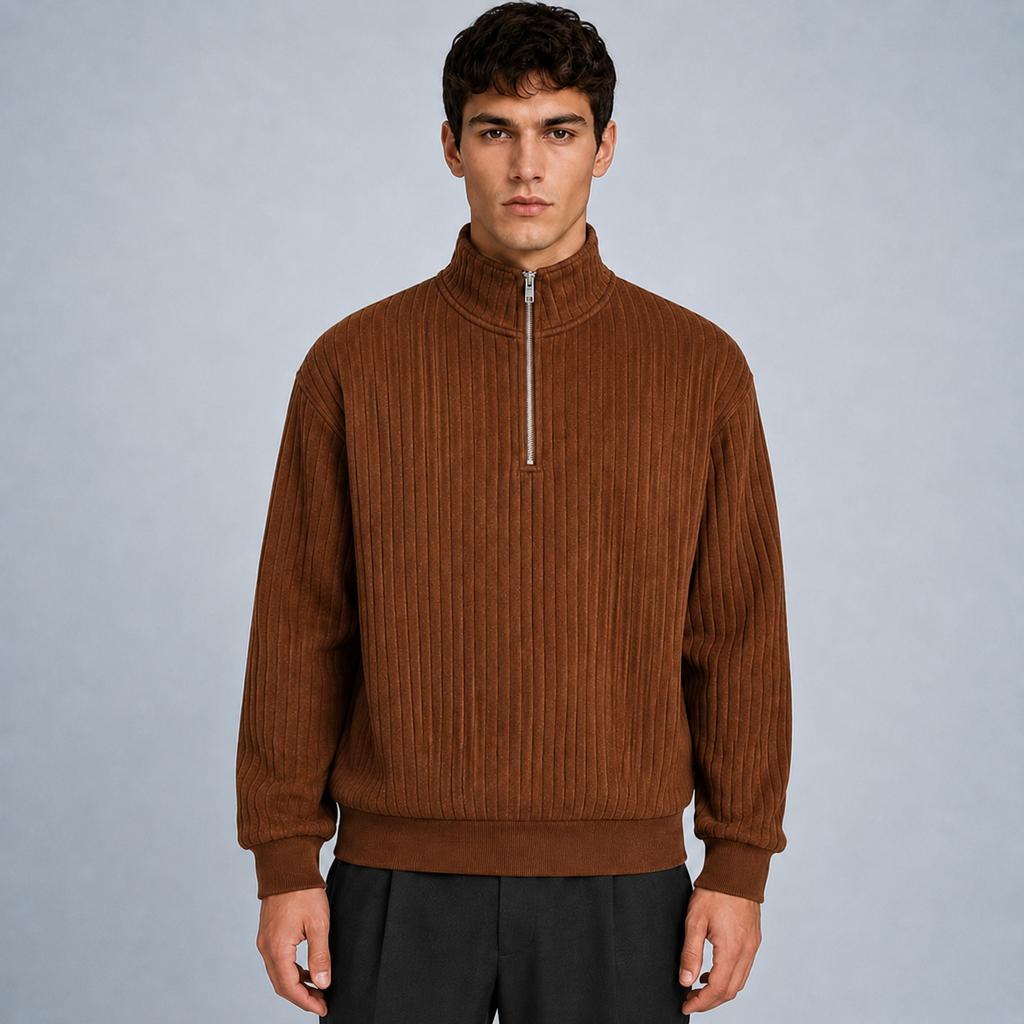 Men's Quarter-Zip Striped Long Sleeve Sweatshirt Black Canvas