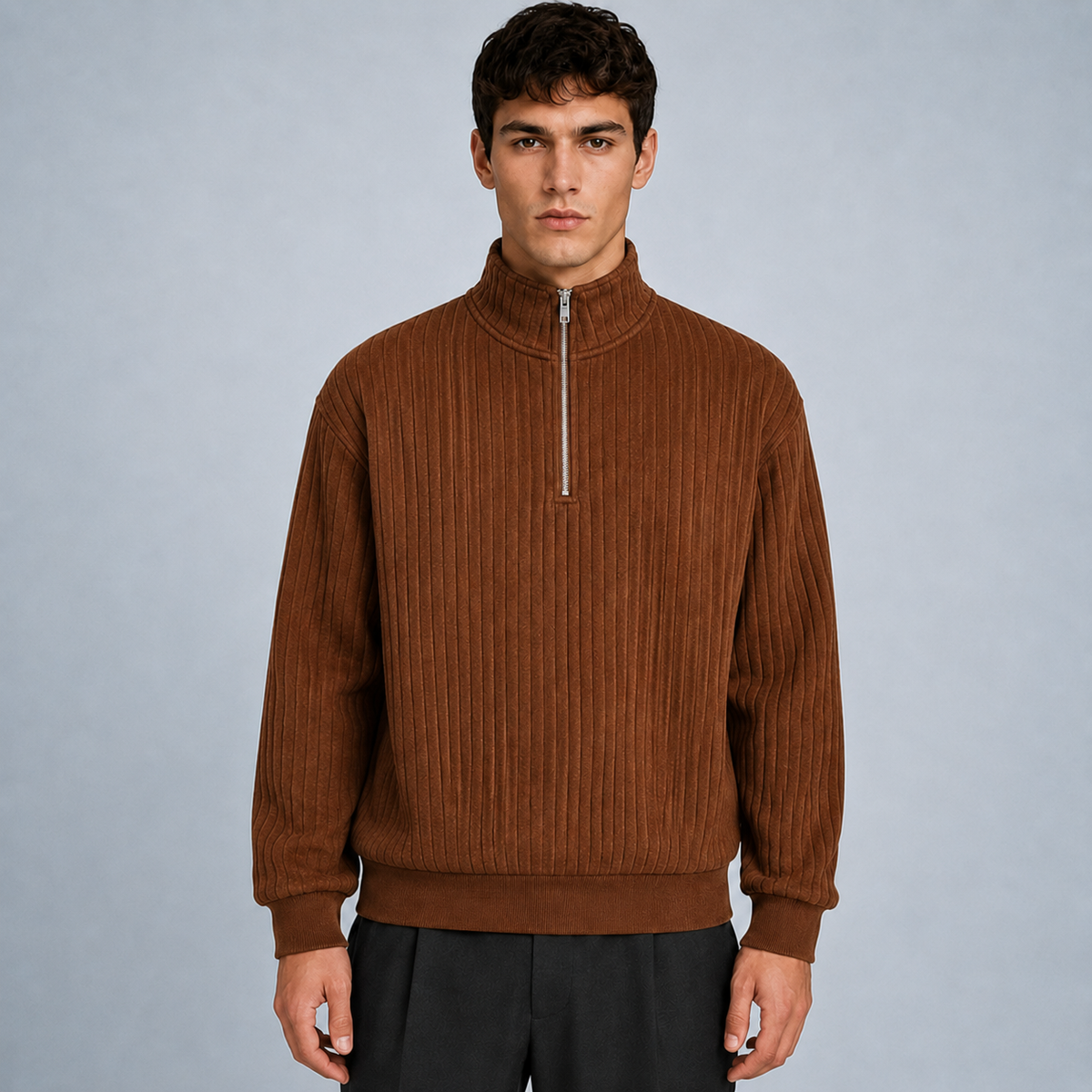 Men's Quarter-Zip Striped Long Sleeve Sweatshirt Black Canvas