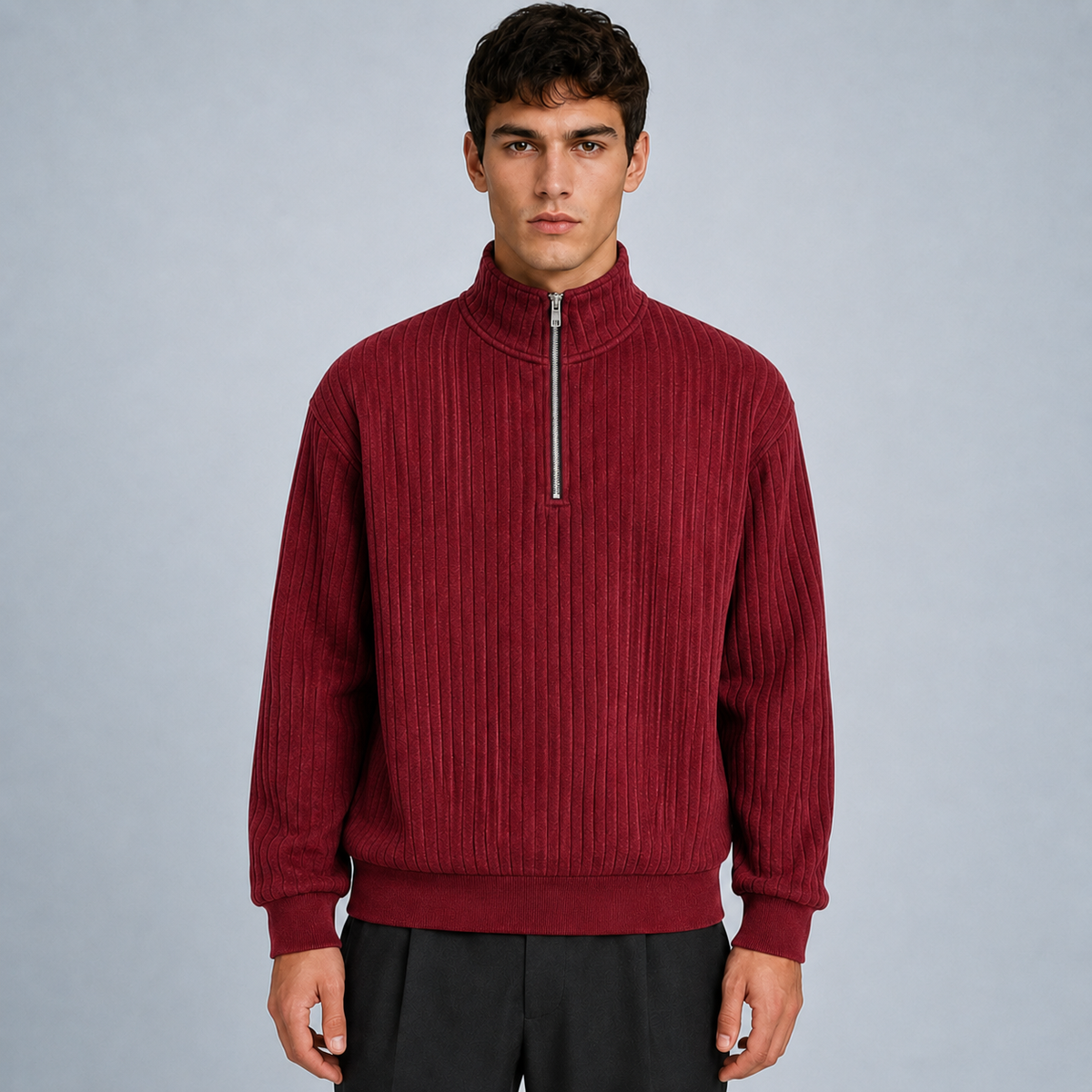 Men's Quarter-Zip Striped Long Sleeve Sweatshirt Black Canvas