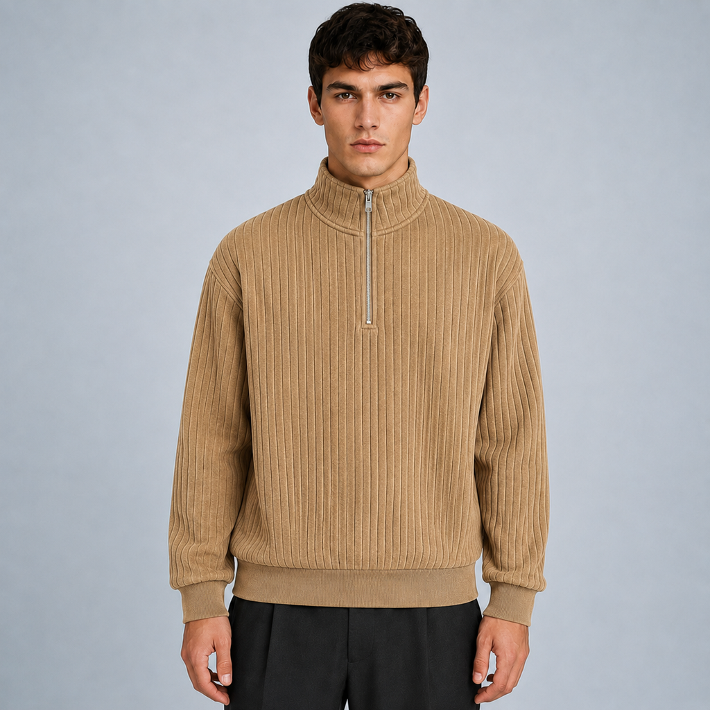 Men's Quarter-Zip Striped Long Sleeve Sweatshirt Black Canvas