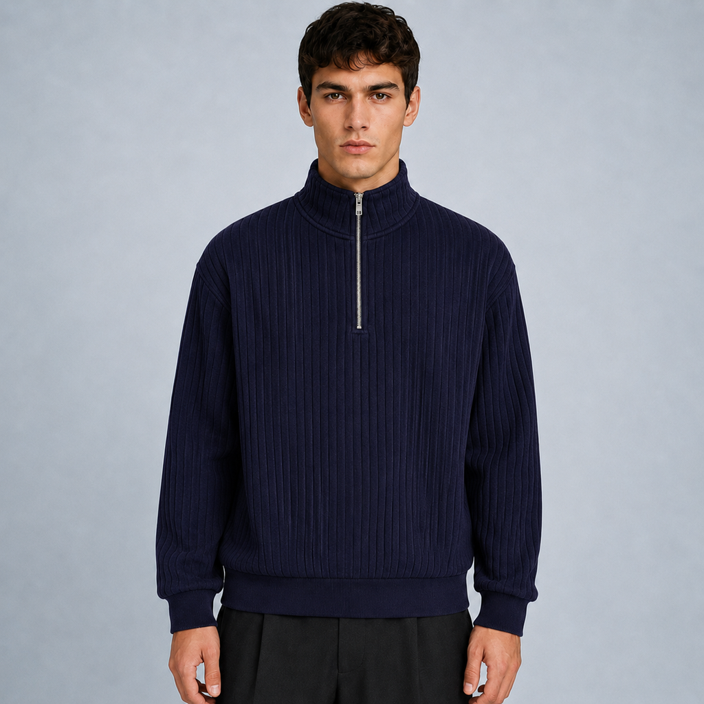 Men's Quarter-Zip Striped Long Sleeve Sweatshirt Black Canvas