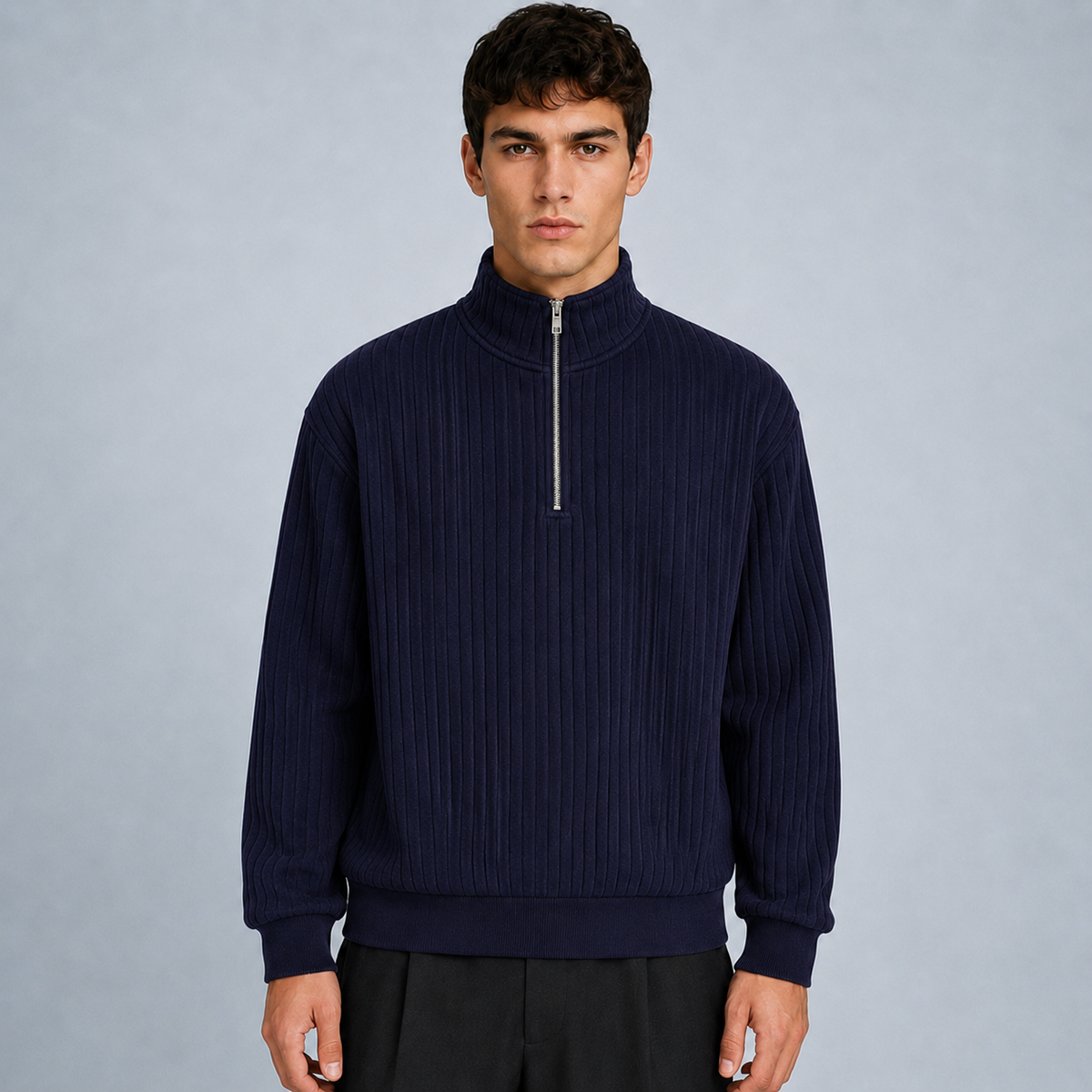 Men's Quarter-Zip Striped Long Sleeve Sweatshirt Black Canvas