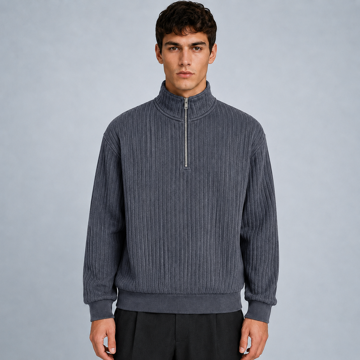 Men's Quarter-Zip Striped Long Sleeve Sweatshirt Black Canvas
