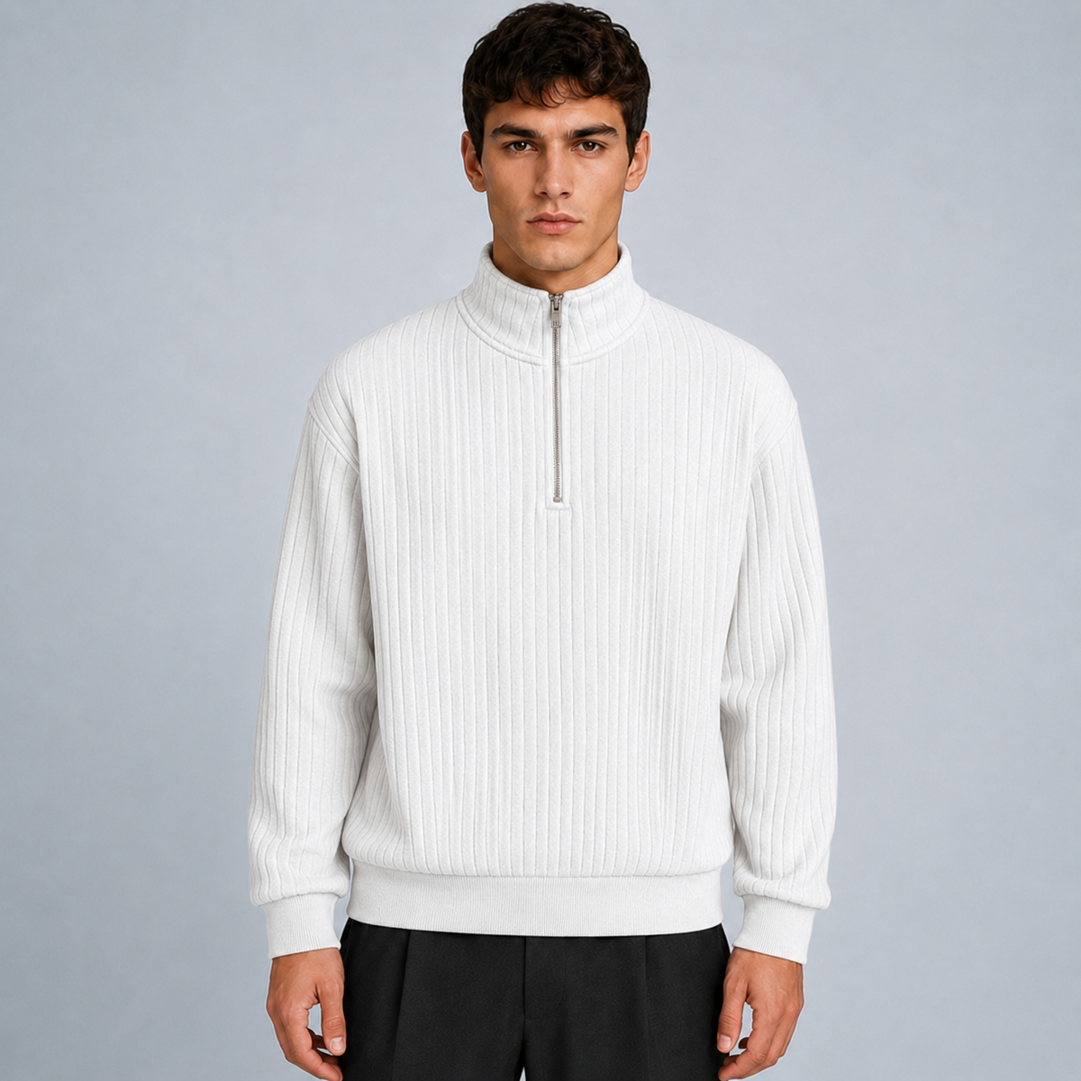 Men's Quarter-Zip Striped Long Sleeve Sweatshirt Black Canvas