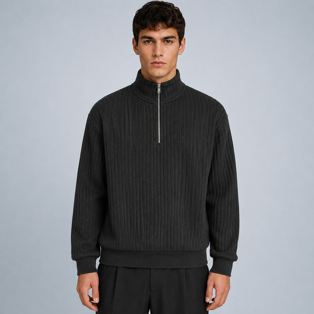 Men's Quarter-Zip Striped Long Sleeve Sweatshirt Black Canvas