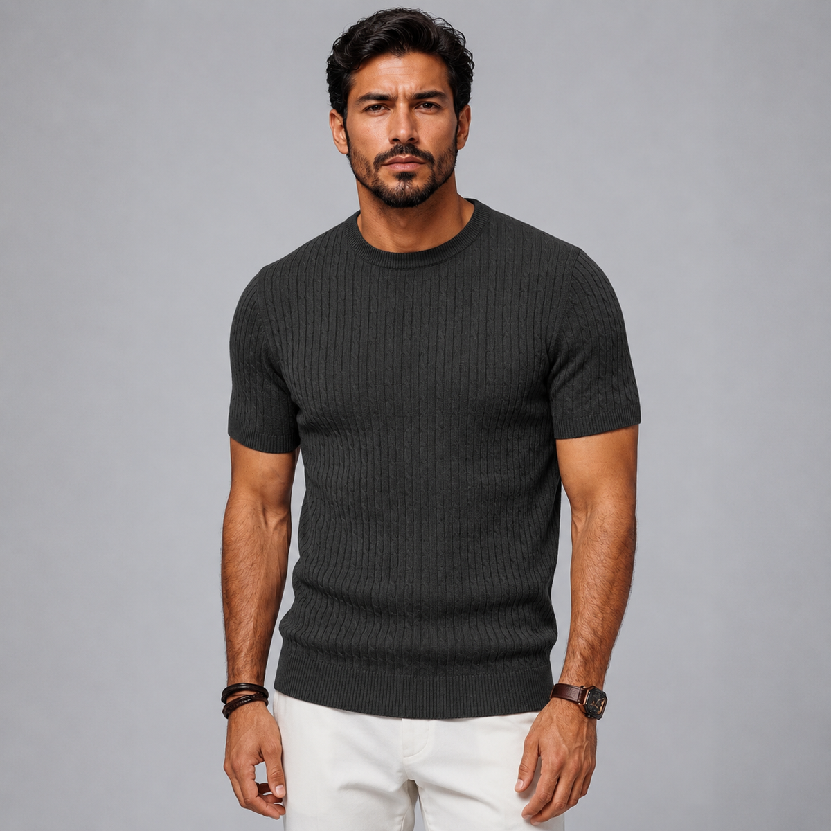 Men's Ribbed Knit Crewneck Short Sleeve Top Black Canvas