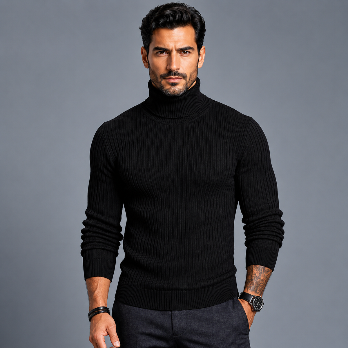 Men's Slim Fit Heavyweight Turtleneck Jumper Black Canvas