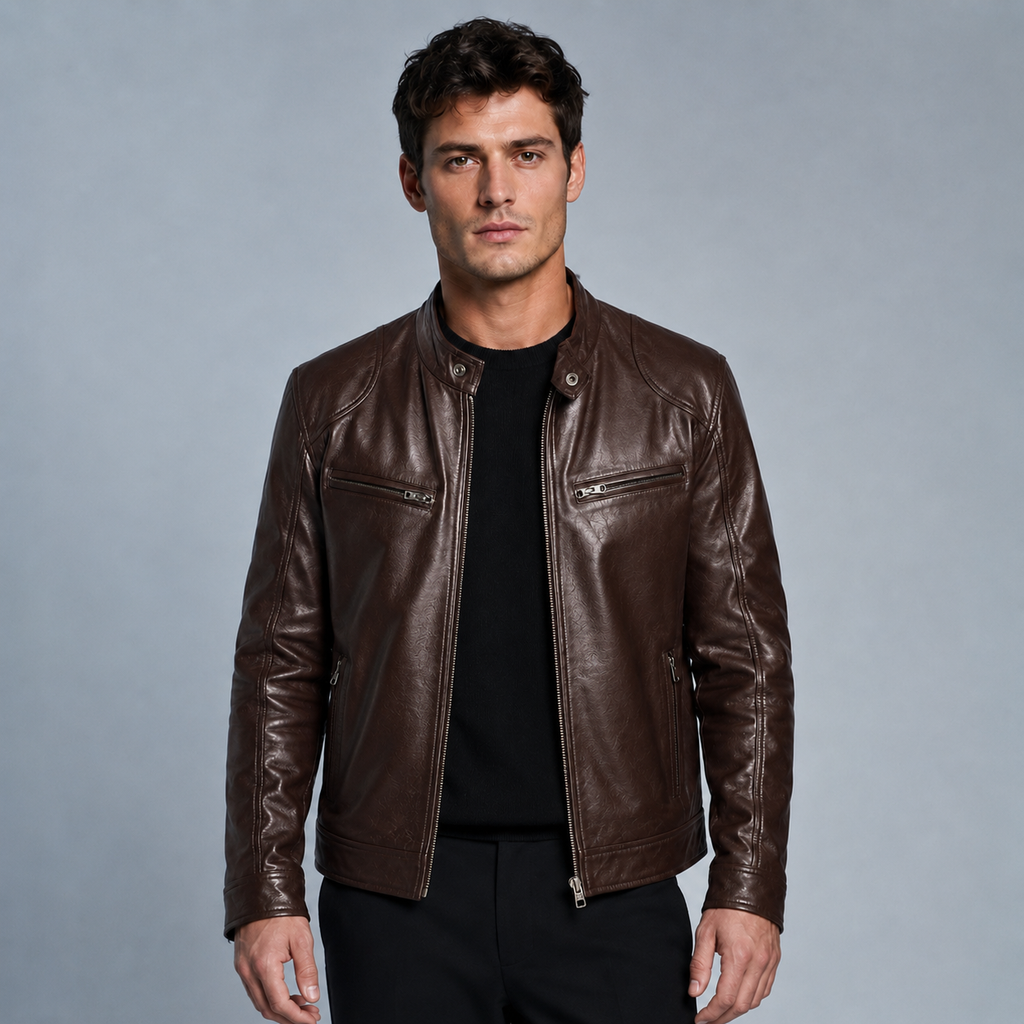Men's Slim Fit Lapel PU Leather Jacket Black Canvas