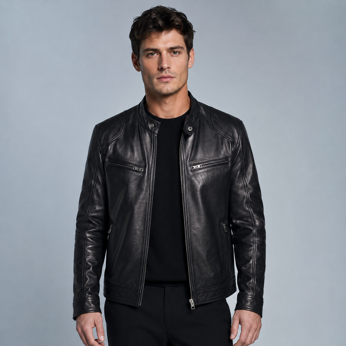 Men's Slim Fit Lapel PU Leather Jacket Black Canvas