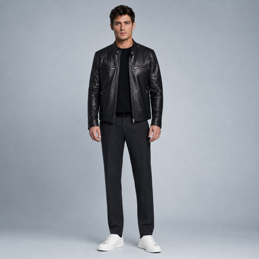 Men's Slim Fit Lapel PU Leather Jacket Black Canvas
