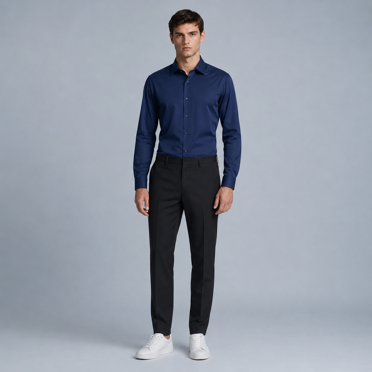 Men's Slim Fit Long Sleeve Navy Blue Shirt Black Canvas