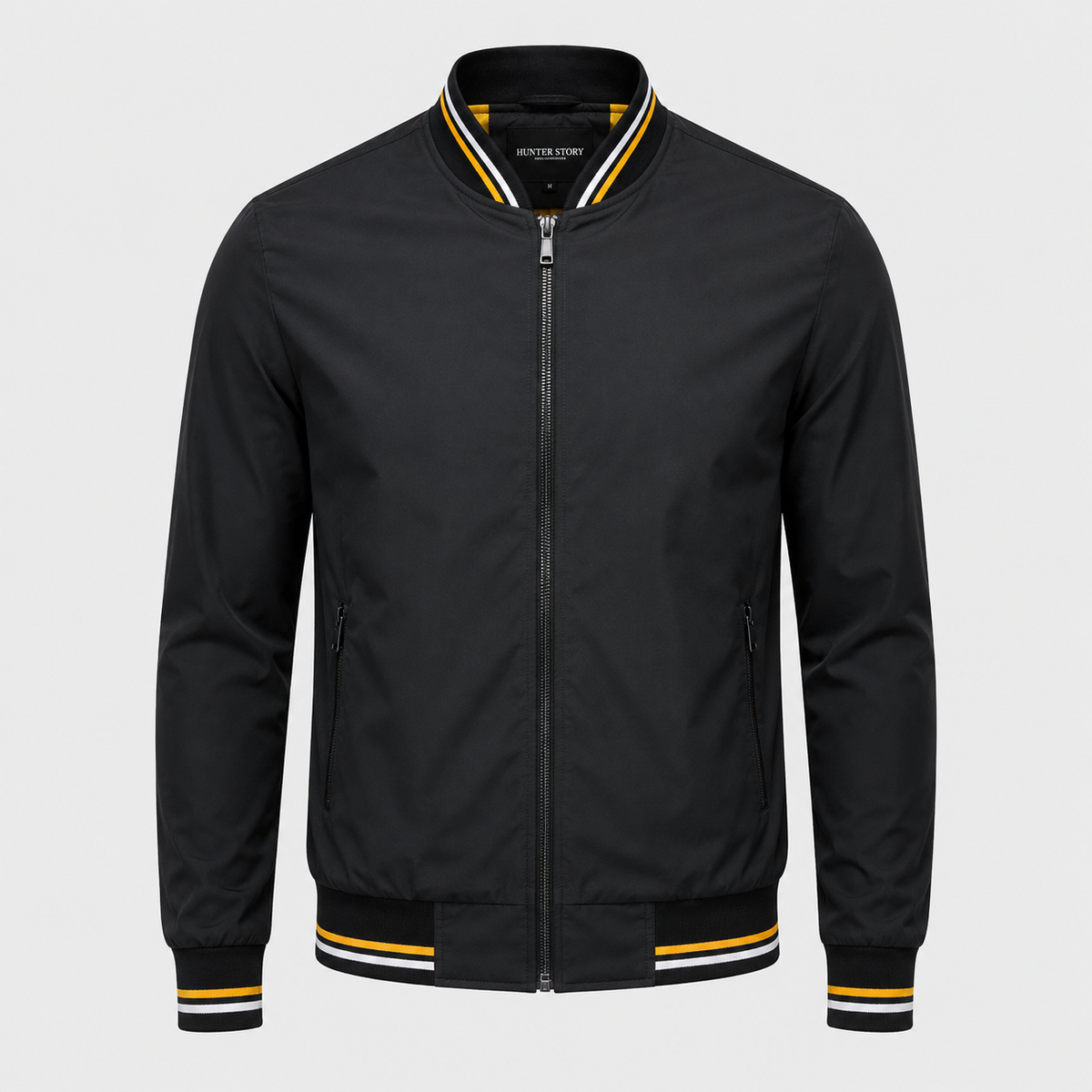 Men's Slim Fit Solid Bomber Baseball Jacket Black Canvas
