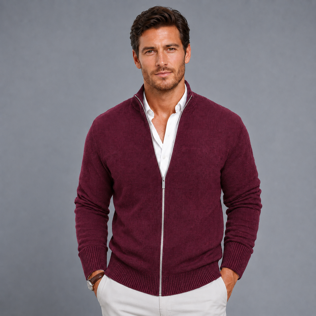 Men's Slim Fit Zip-Up Stand Collar Cardigan Black Canvas