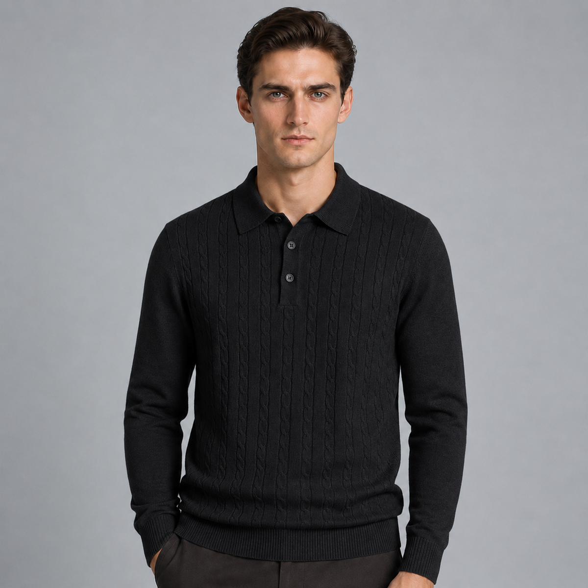 Men's Slim V-Neck Cable Knit Button Jumper Black Canvas