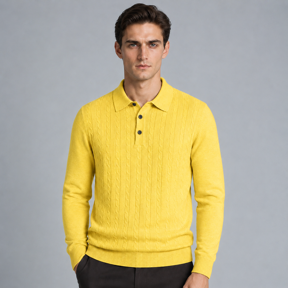 Men's Slim V-Neck Cable Knit Button Jumper Black Canvas