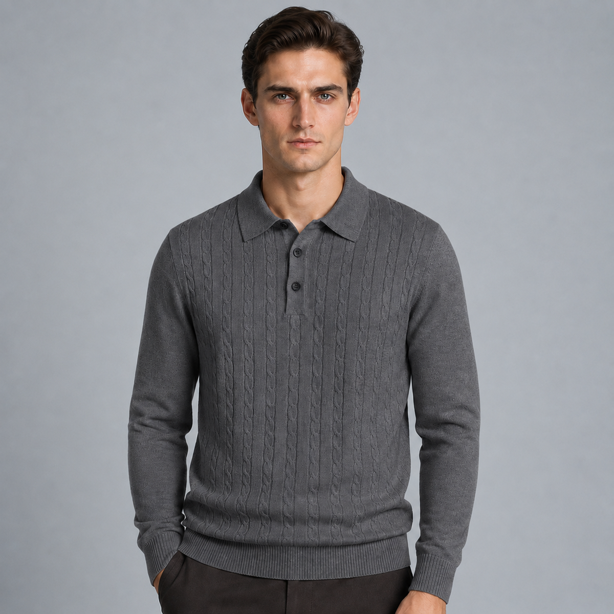 Men's Slim V-Neck Cable Knit Button Jumper Black Canvas