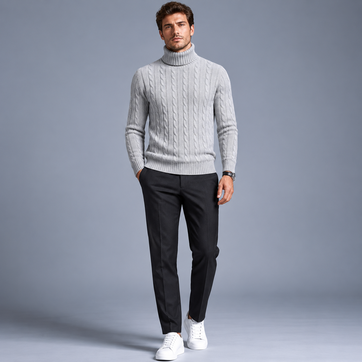 Men's Turtleneck Twist Knit Pullover Jumper Black Canvas