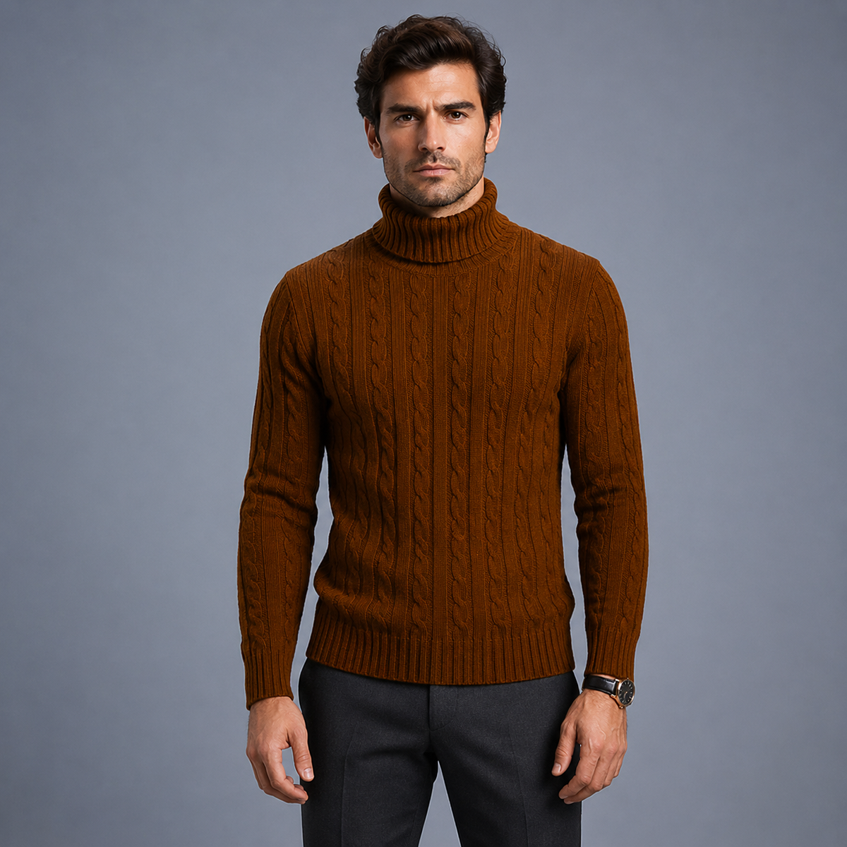 Men's Turtleneck Twist Knit Pullover Jumper Black Canvas