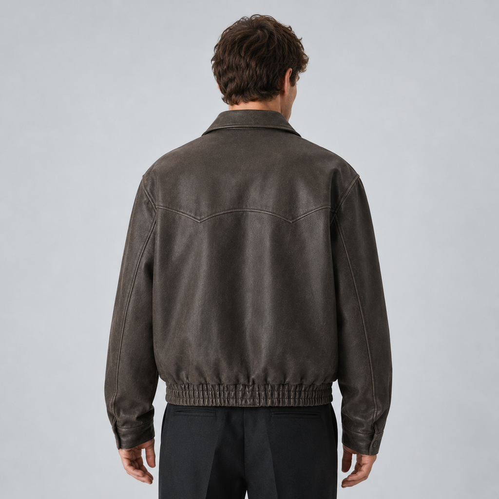 Men's Vintage Washed PU Leather Zip Jacket Black Canvas