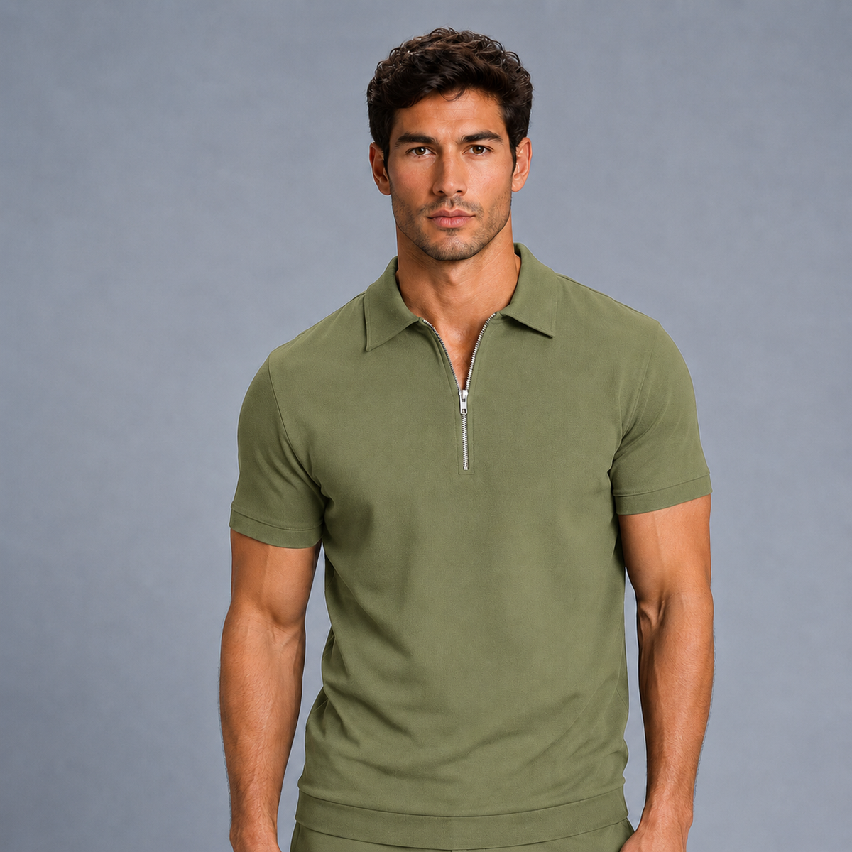 Men's Zip Placket Turn-Down Collar Polo Shirt Black Canvas