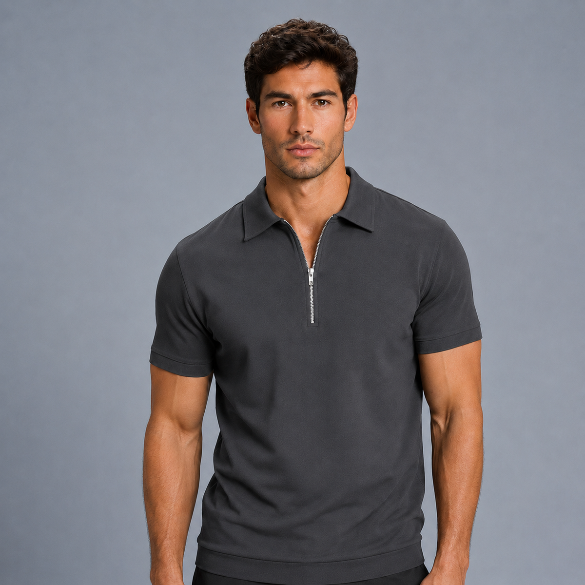 Men's Zip Placket Turn-Down Collar Polo Shirt Black Canvas