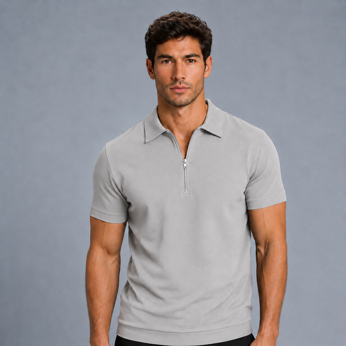 Men's Zip Placket Turn-Down Collar Polo Shirt Black Canvas