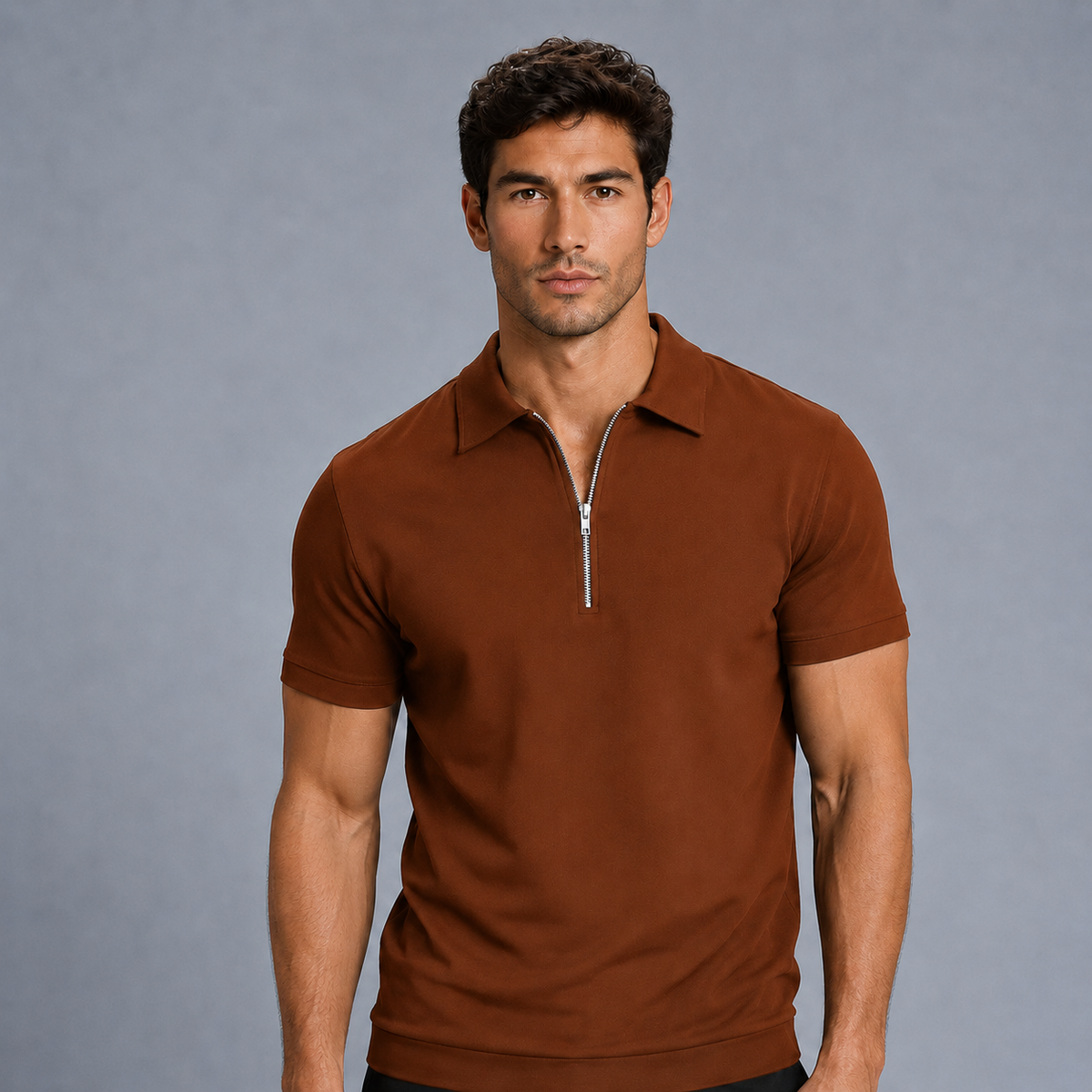 Men's Zip Placket Turn-Down Collar Polo Shirt Black Canvas