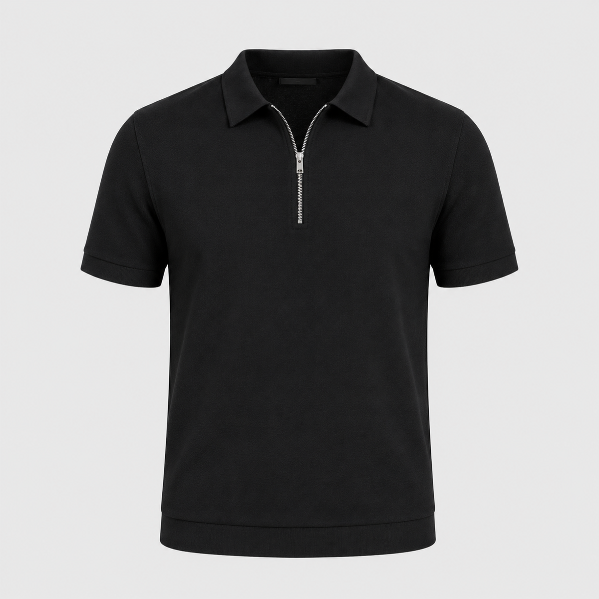 Men's Zip Placket Turn-Down Collar Polo Shirt Black Canvas