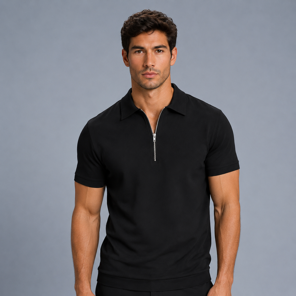 Men's Zip Placket Turn-Down Collar Polo Shirt Black Canvas