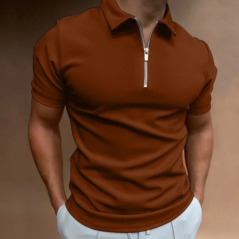 Men's Zip Placket Turn-Down Collar Polo Shirt Black Canvas