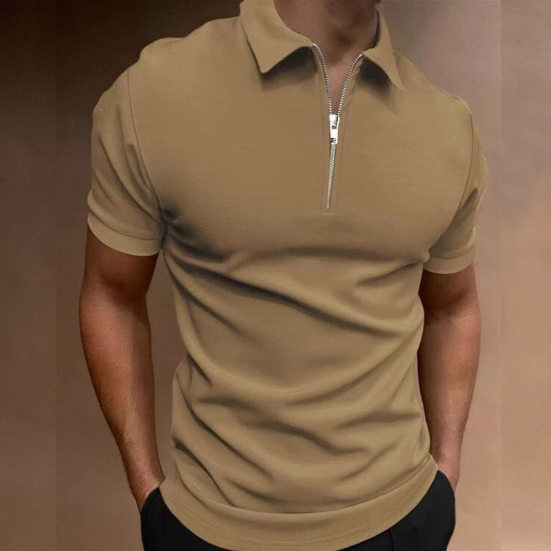 Men's Zip Placket Turn-Down Collar Polo Shirt Black Canvas