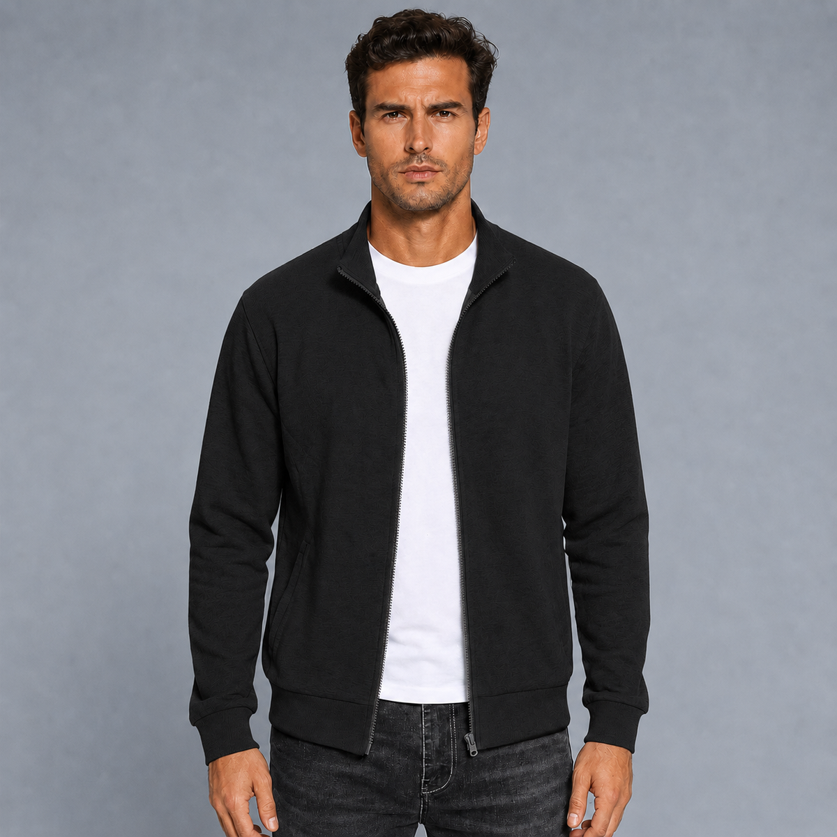Men's Zip-Up Long Sleeve Sweatshirt Jacket Black Canvas
